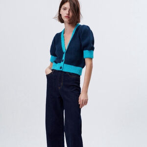 Zara Womens Cardigan Sweat Chunky Knit Short Sleeve Colorblock Blue Sz. M